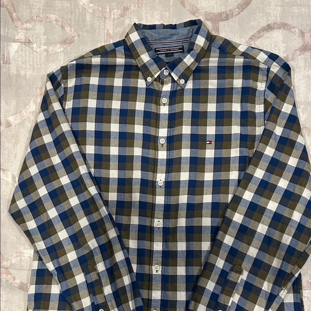 Tommy Hilfiger Men's Blue and Olive Check Brushed Flannel Shirt